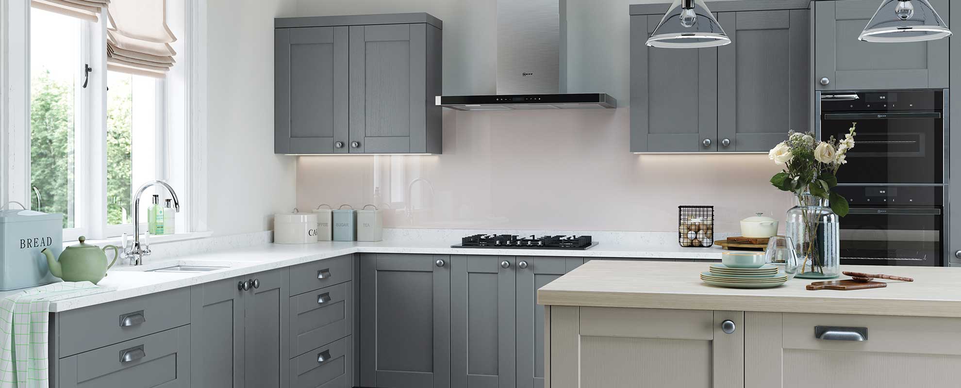 Kensington kitchen shown in Light Grey and Dust Grey